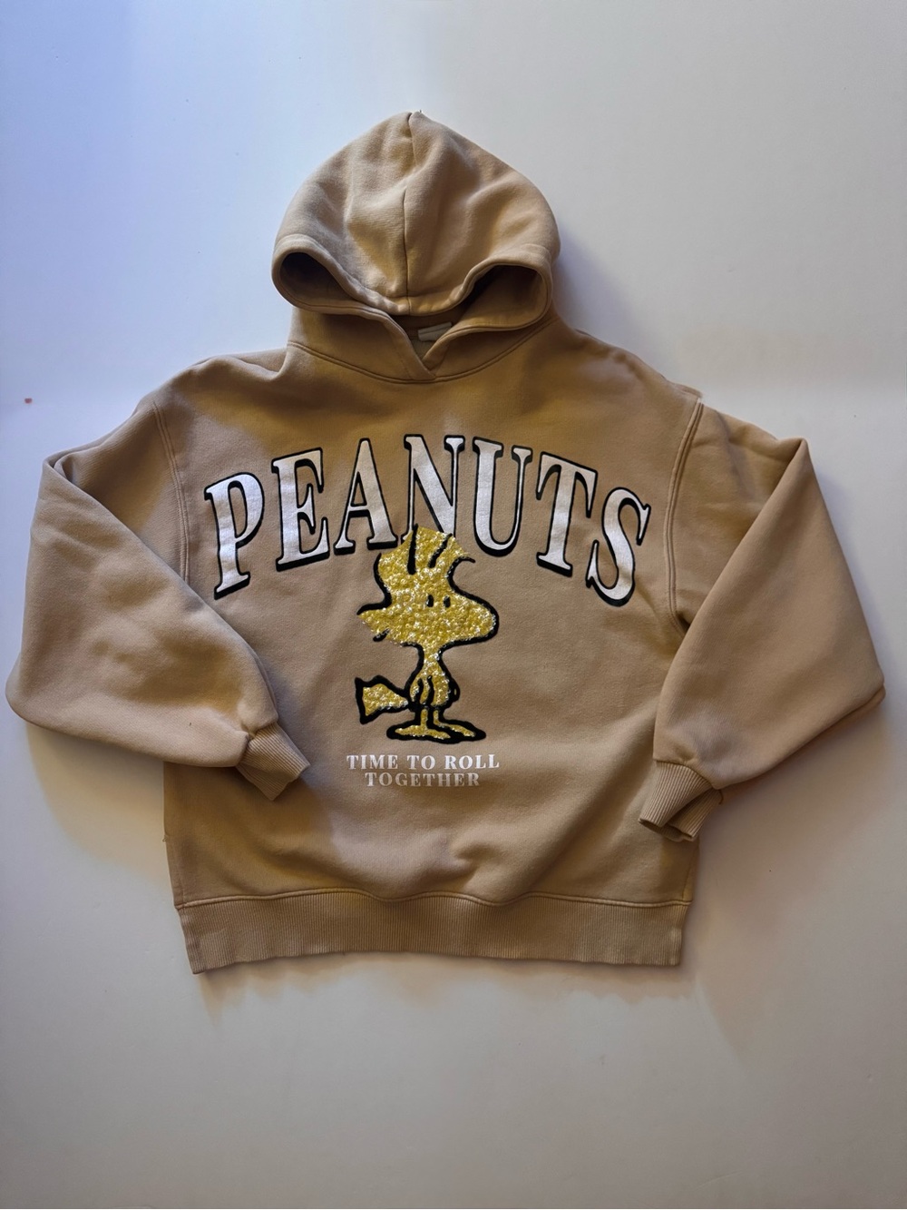 Zara X Peanuts Tan Crewneck Hoodie w? Yellow Woodstock Graphic Sz 13-14 in GUC